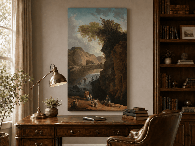 Landscape Oil Painting - Waterfall Gorge with Figures and Bridge