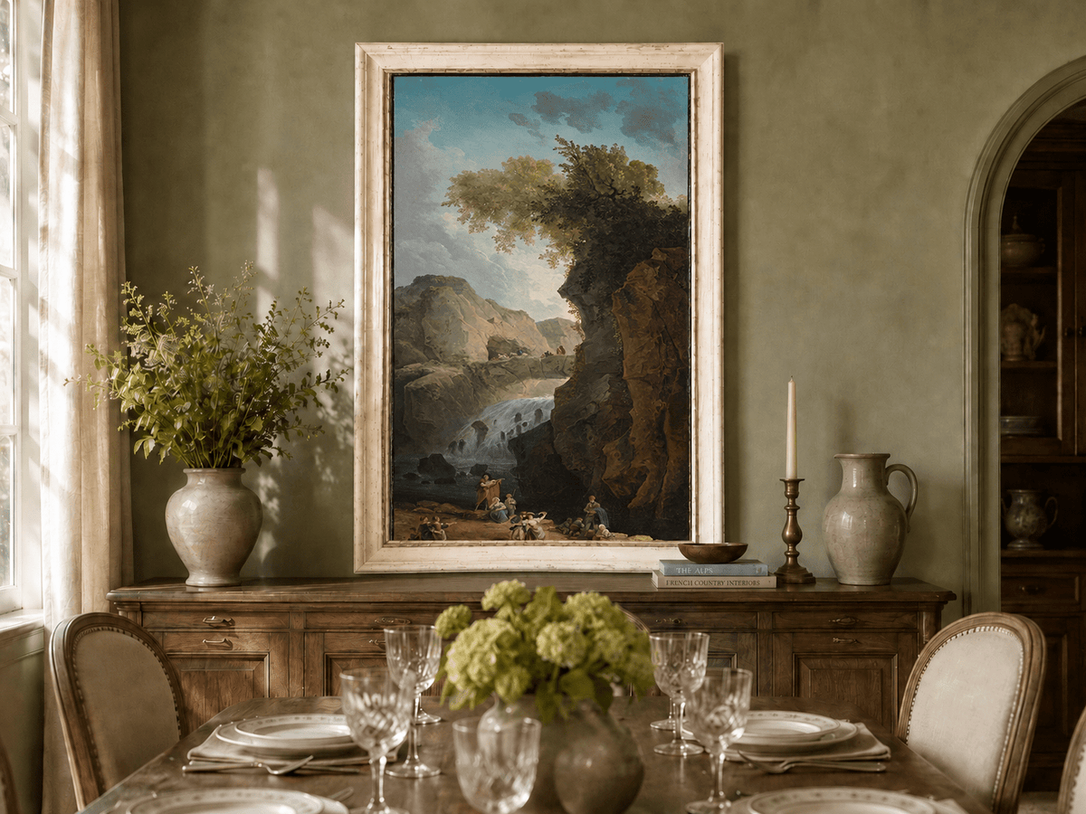 Landscape Oil Painting - Waterfall Gorge with Figures and Bridge