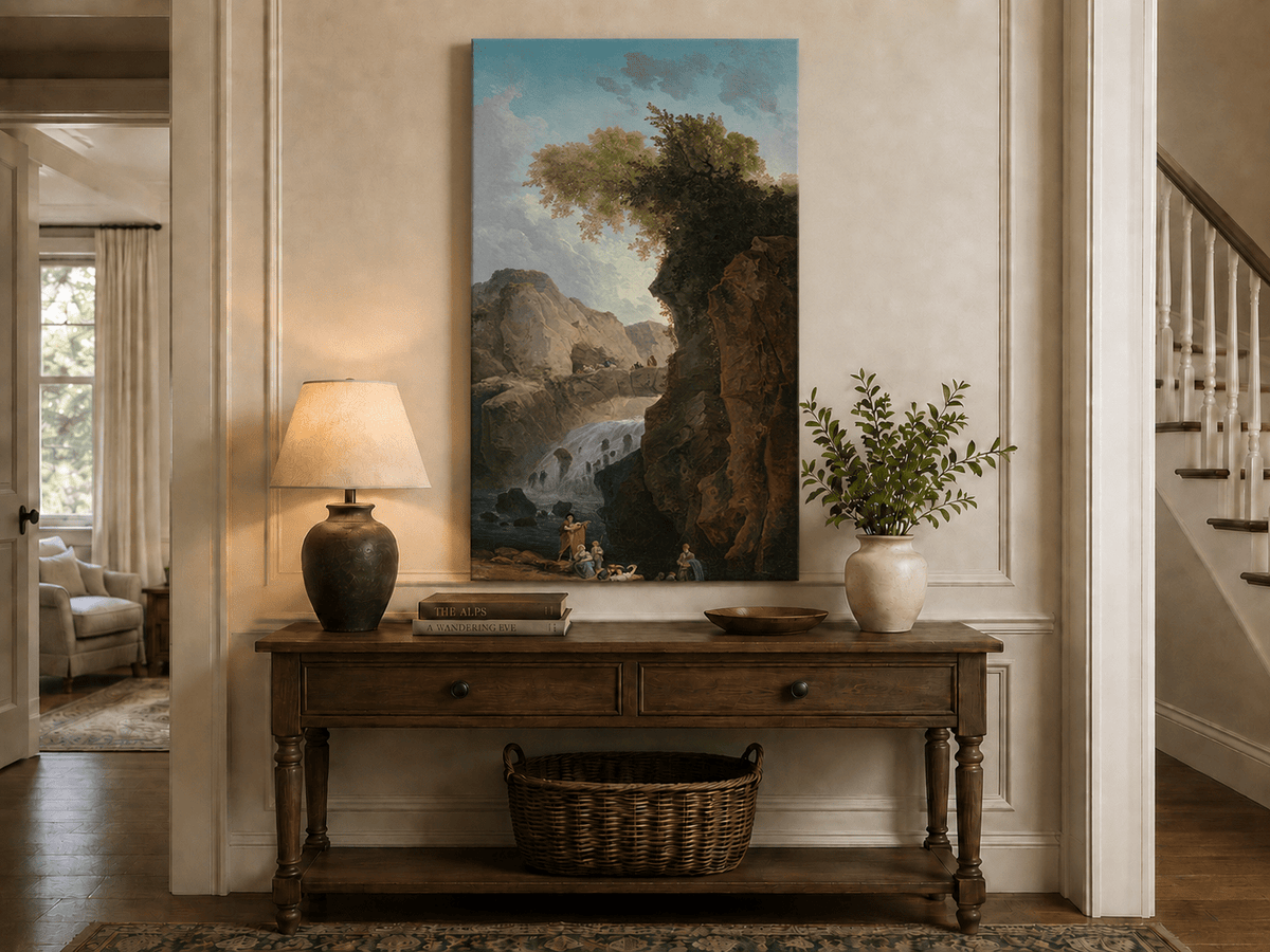 Landscape Oil Painting - Waterfall Gorge with Figures and Bridge