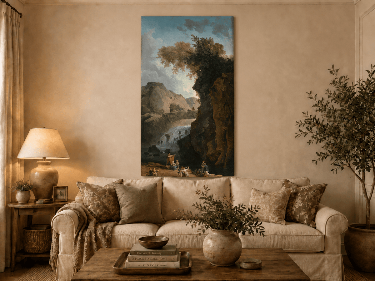 Landscape Oil Painting - Waterfall Gorge with Figures and Bridge
