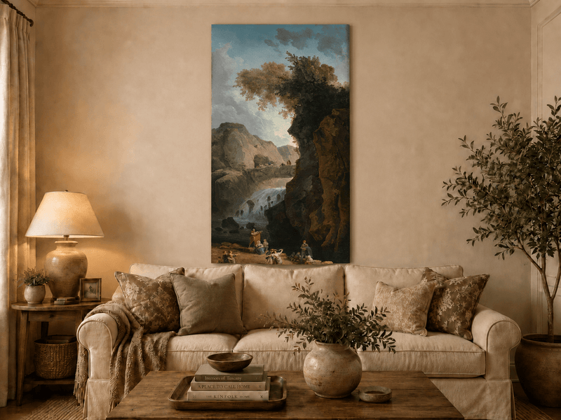 Landscape Oil Painting - Waterfall Gorge with Figures and Bridge