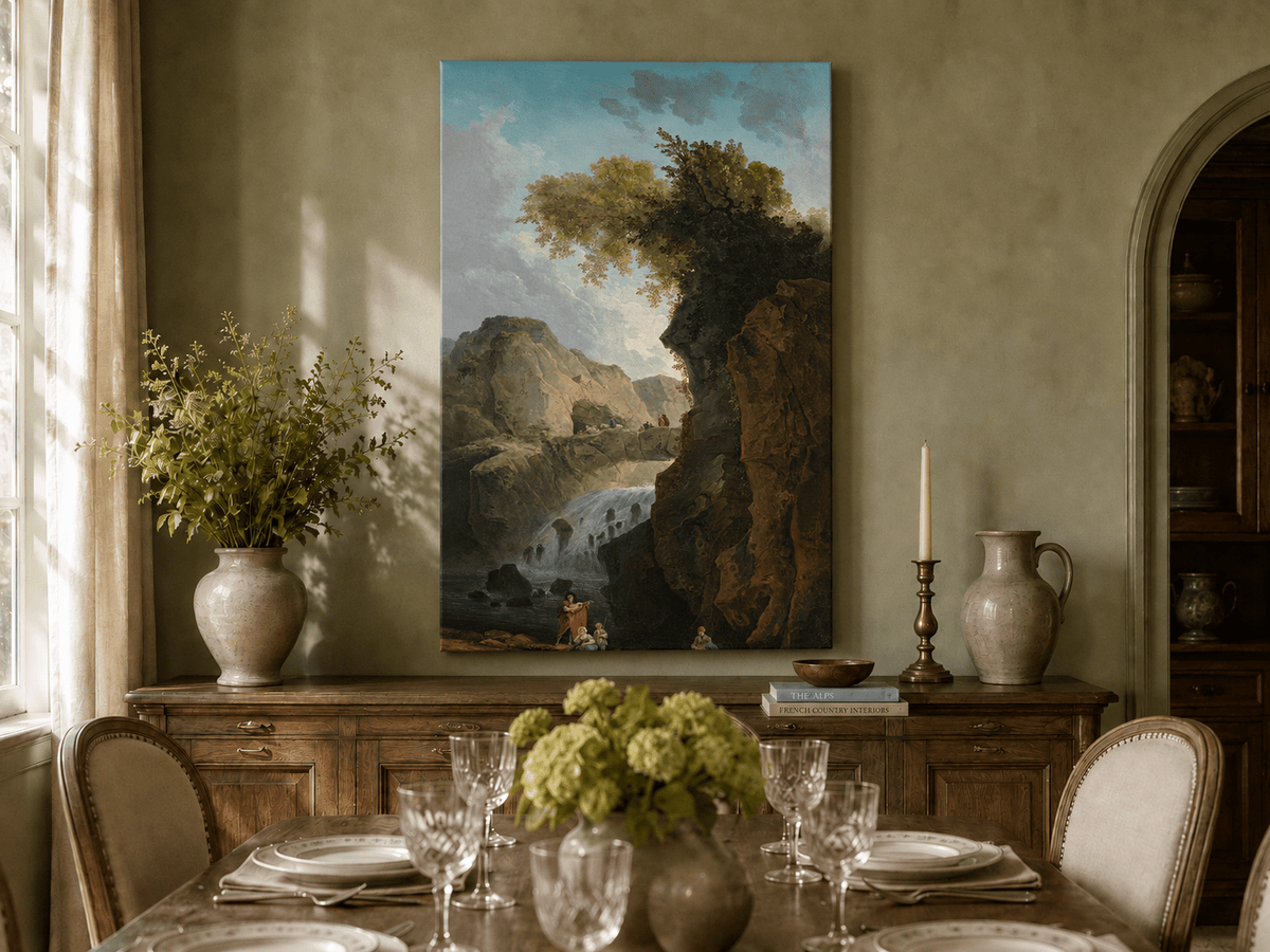 Landscape Oil Painting - Waterfall Gorge with Figures and Bridge