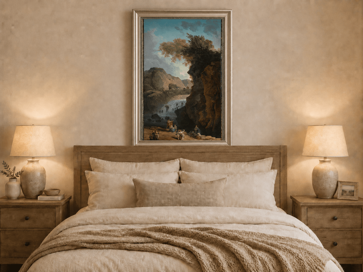 Landscape Oil Painting - Waterfall Gorge with Figures and Bridge