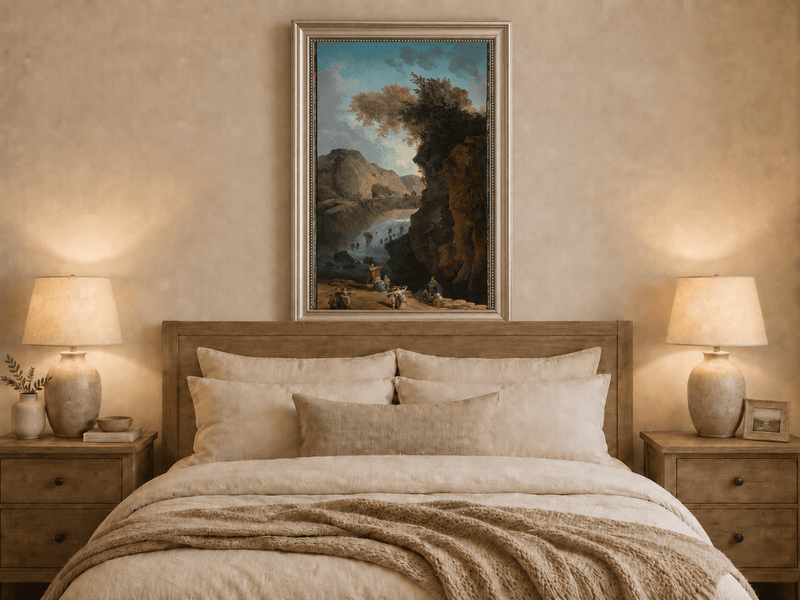 Landscape Oil Painting - Waterfall Gorge with Figures and Bridge