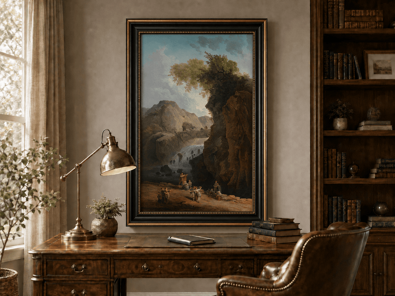 Landscape Oil Painting - Waterfall Gorge with Figures and Bridge