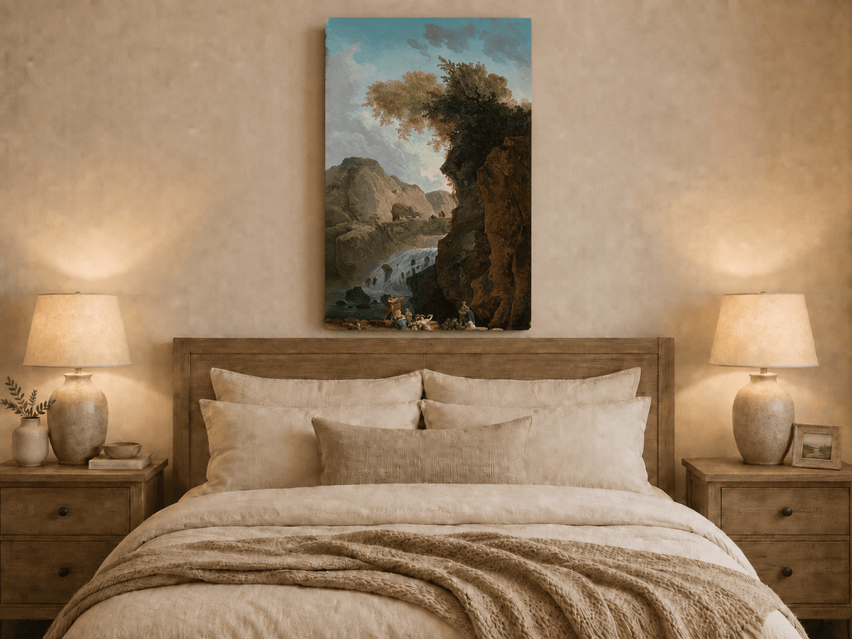 Landscape Oil Painting - Waterfall Gorge with Figures and Bridge
