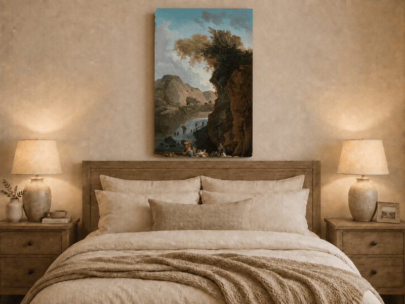 Landscape Oil Painting - Waterfall Gorge with Figures and Bridge