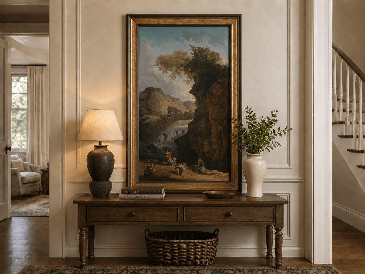 Landscape Oil Painting - Waterfall Gorge with Figures and Bridge