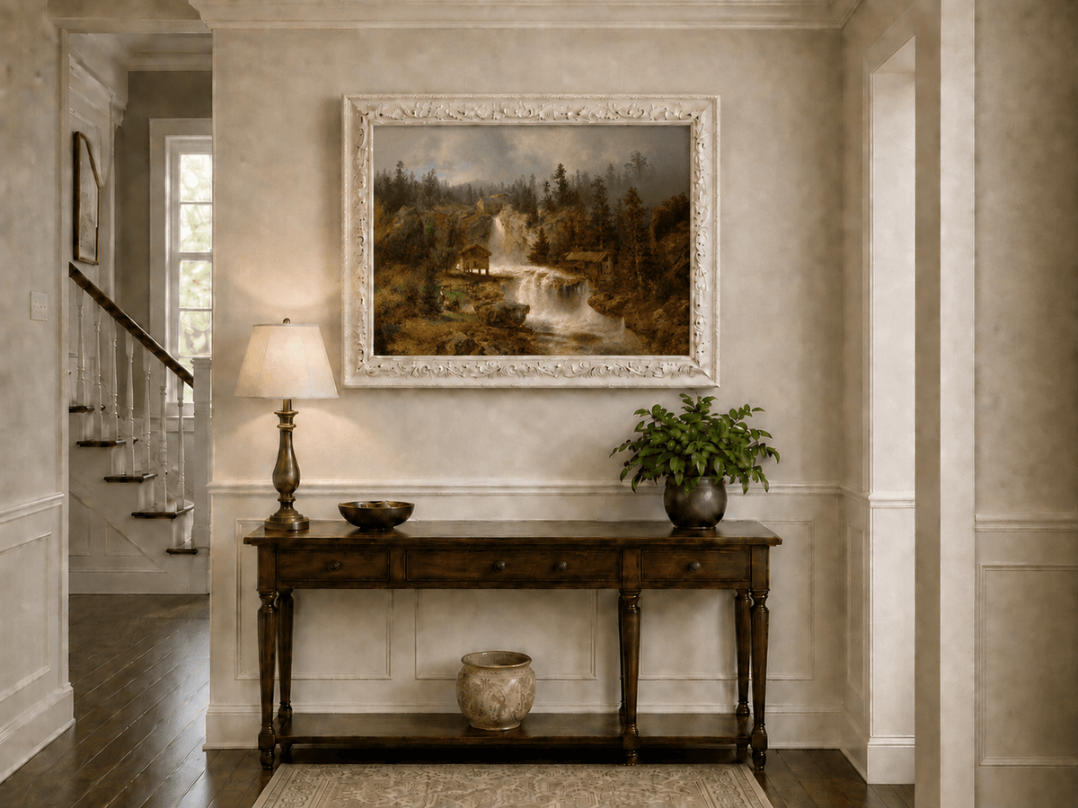 Landscape Oil Painting - Waterfall Mill and Forest Cabins