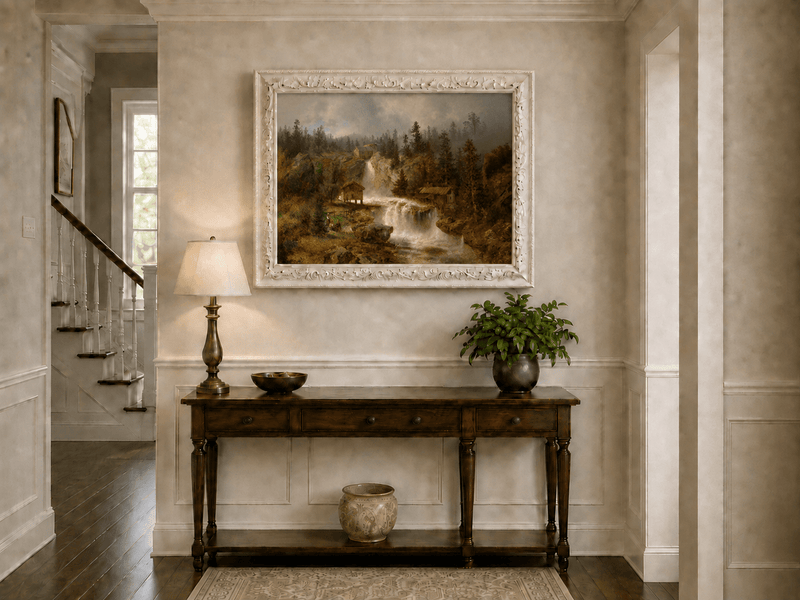Landscape Oil Painting - Waterfall Mill and Forest Cabins