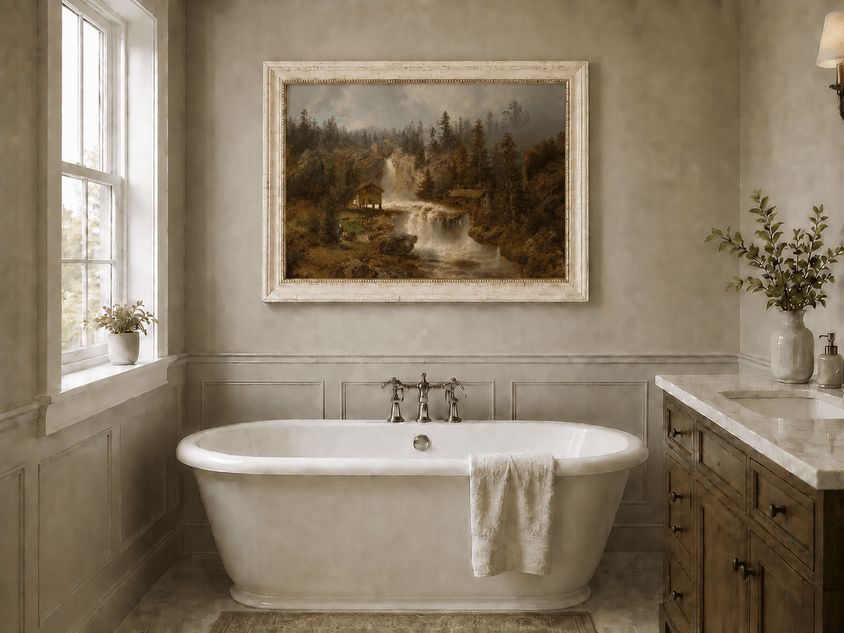 Landscape Oil Painting - Waterfall Mill and Forest Cabins