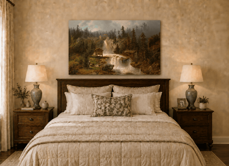 Landscape Oil Painting - Waterfall Mill and Forest Cabins