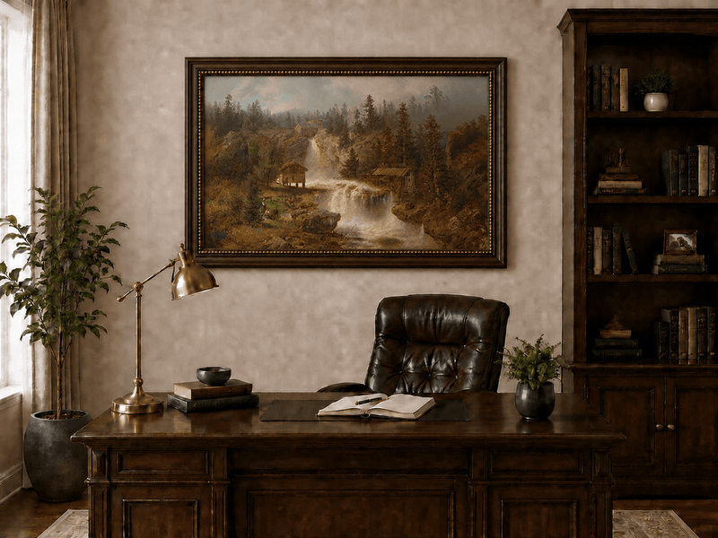 Landscape Oil Painting - Waterfall Mill and Forest Cabins