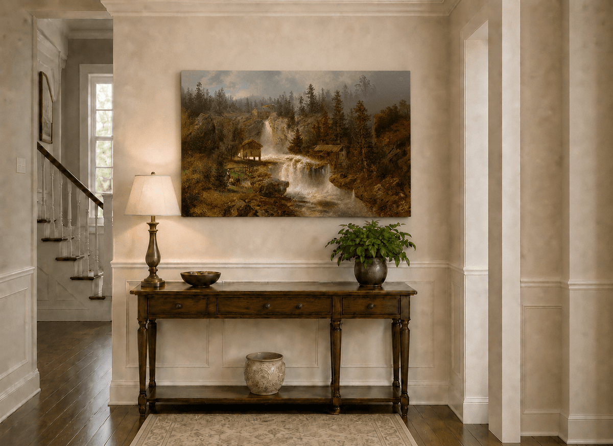 Landscape Oil Painting - Waterfall Mill and Forest Cabins
