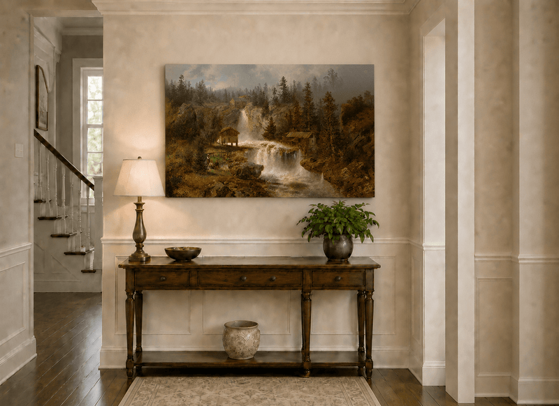 Landscape Oil Painting - Waterfall Mill and Forest Cabins