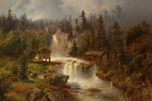 Landscape Oil Painting - Waterfall Mill and Forest Cabins - Oil Painting Haven