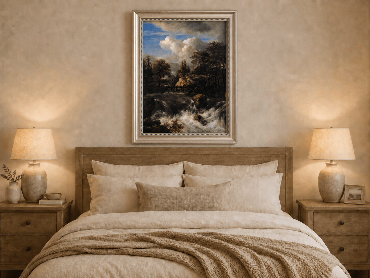 Landscape Oil Painting - Waterfall Rapids and Hilltop House