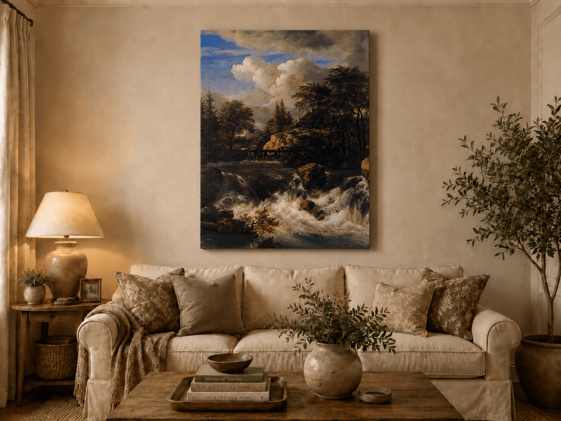 Landscape Oil Painting - Waterfall Rapids and Hilltop House