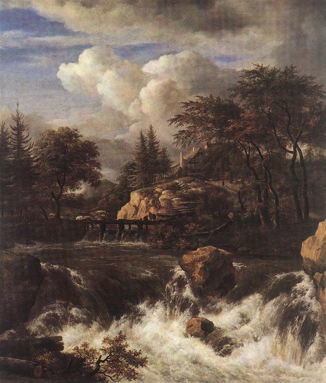 Hand-painted waterfall rapids and hilltop house landscape oil painting on canvas