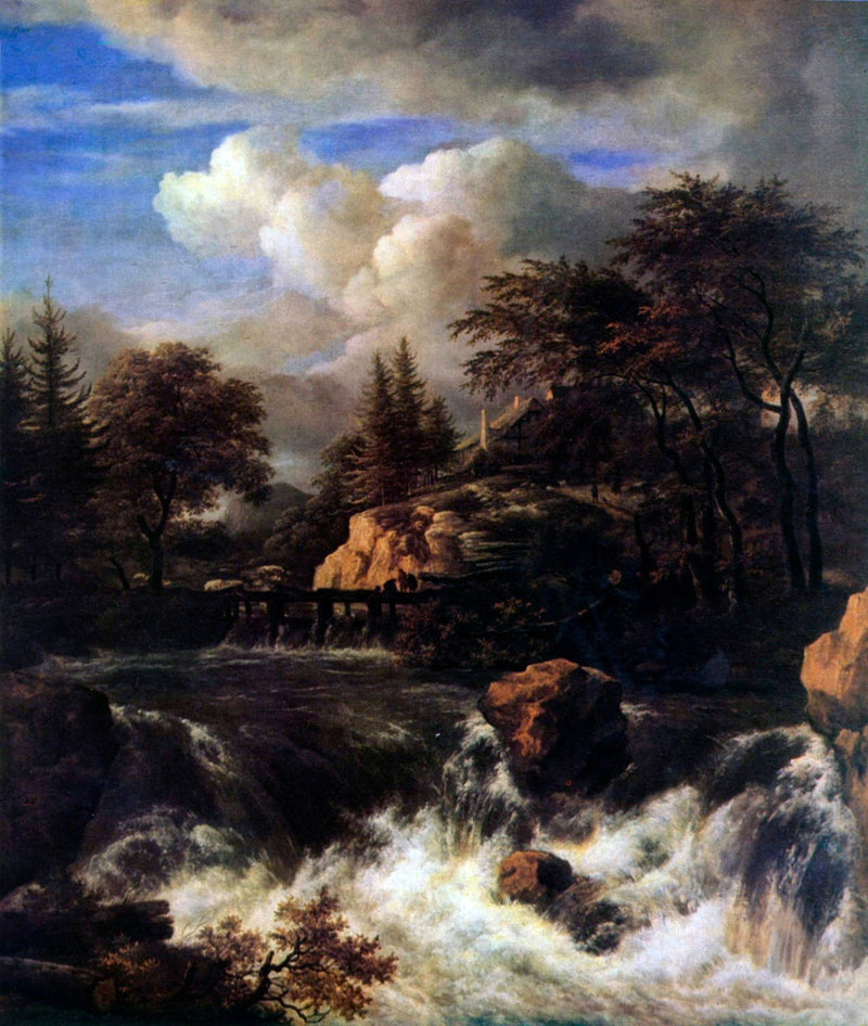 Landscape Oil Painting - Waterfall Rapids and Hilltop House