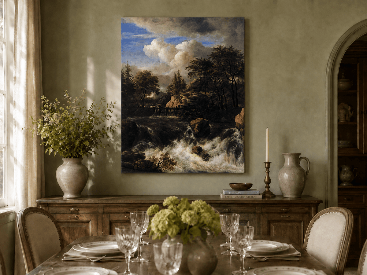 Landscape Oil Painting - Waterfall Rapids and Hilltop House