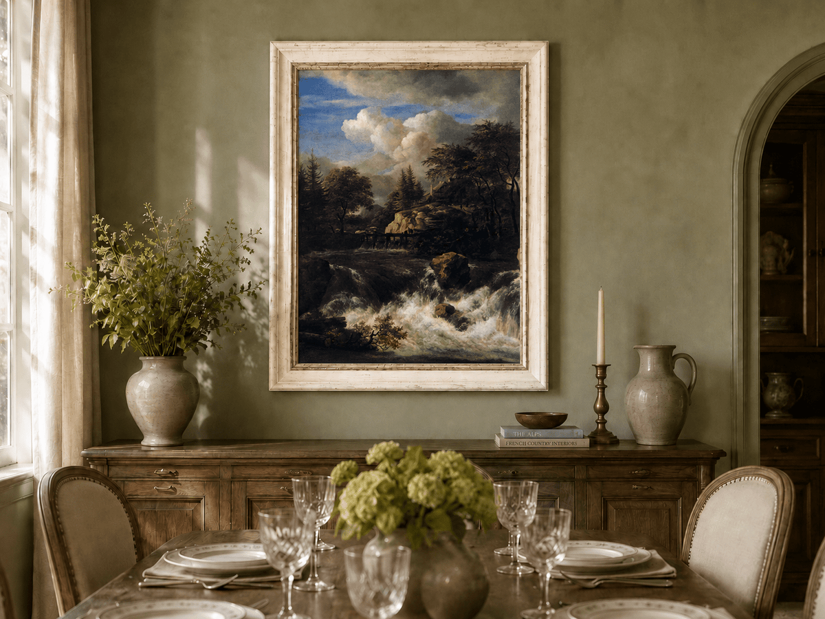 Landscape Oil Painting - Waterfall Rapids and Hilltop House