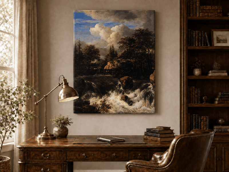 Landscape Oil Painting - Waterfall Rapids and Hilltop House