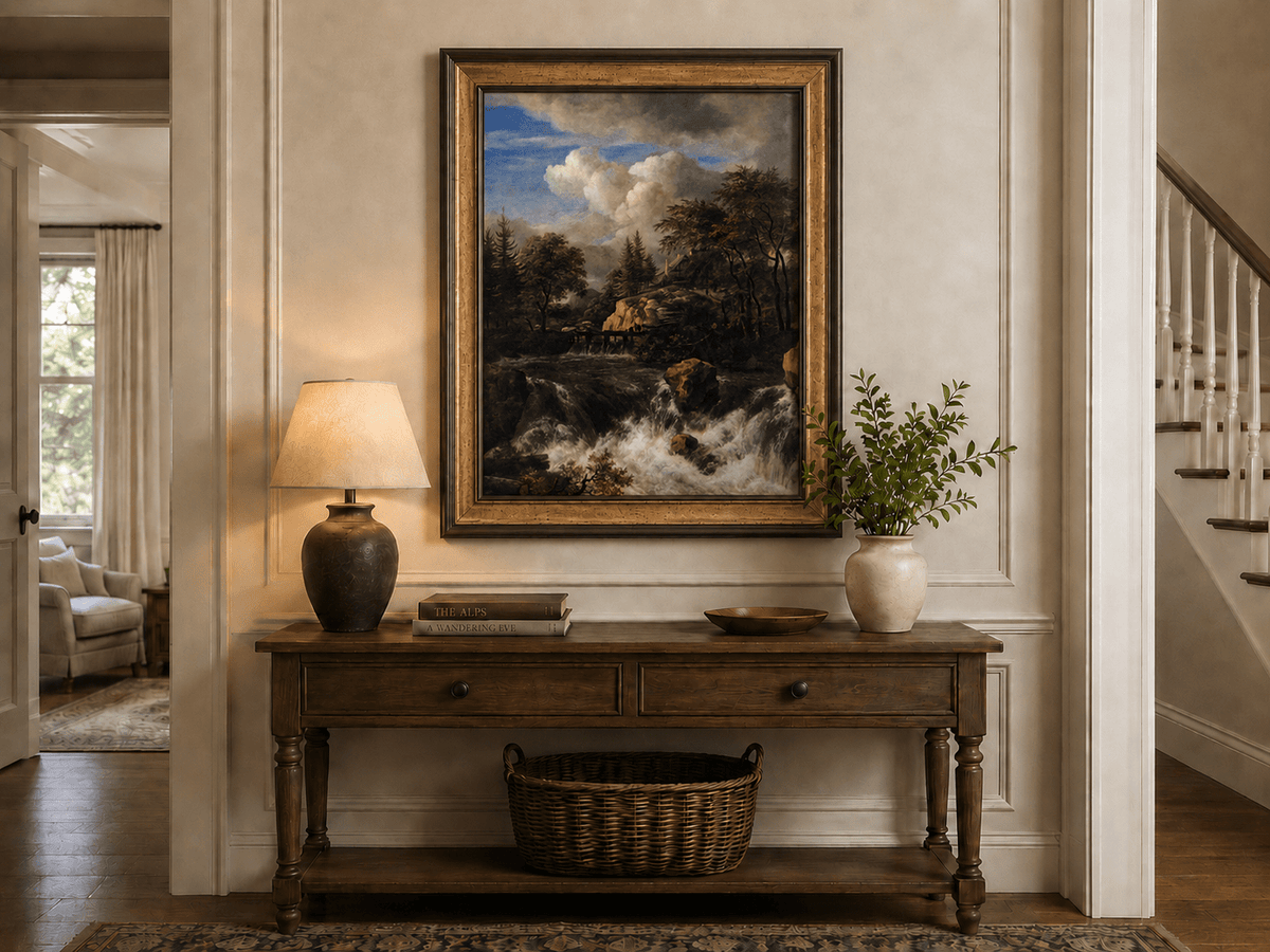 Landscape Oil Painting - Waterfall Rapids and Hilltop House