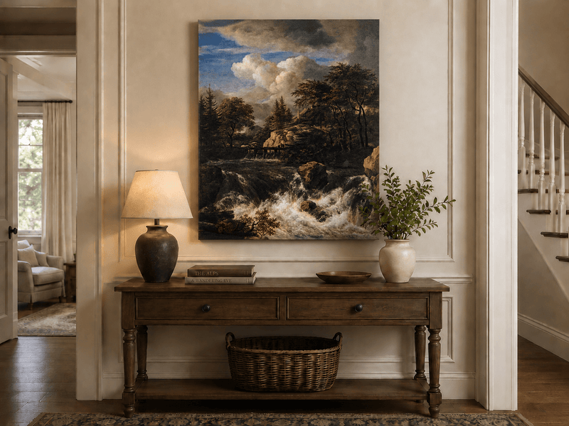 Landscape Oil Painting - Waterfall Rapids and Hilltop House