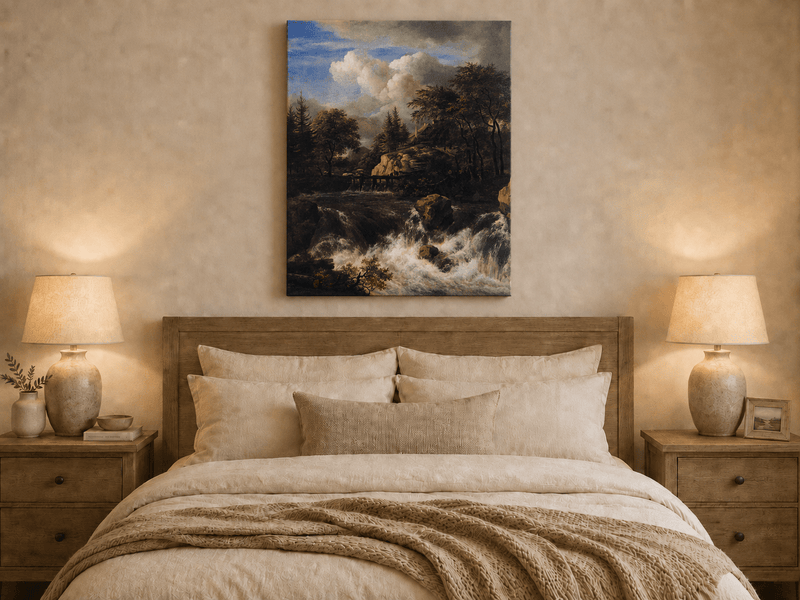 Landscape Oil Painting - Waterfall Rapids and Hilltop House