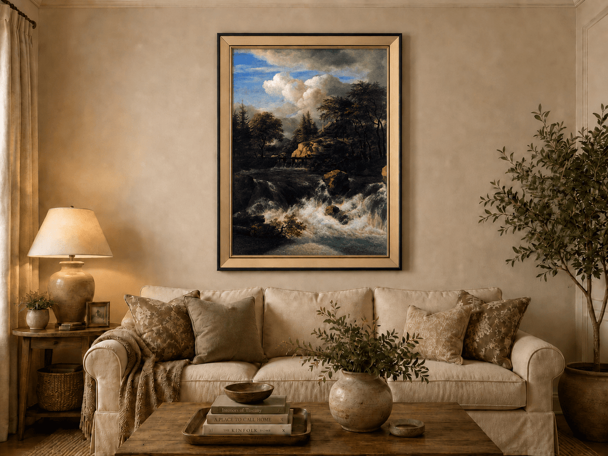 Landscape Oil Painting - Waterfall Rapids and Hilltop House