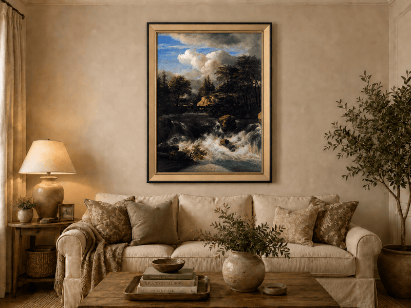 Landscape Oil Painting - Waterfall Rapids and Hilltop House