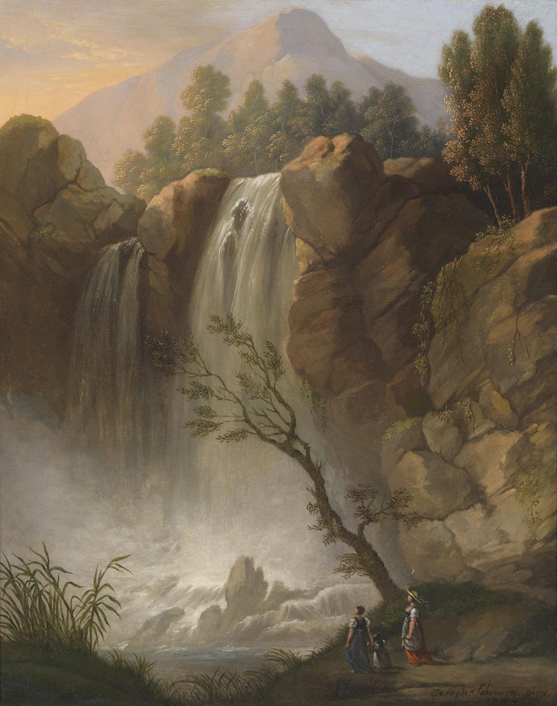 Landscape Oil Painting - Waterfall, Rocky Cliffs, Figures & Mountain - Oil Painting Haven