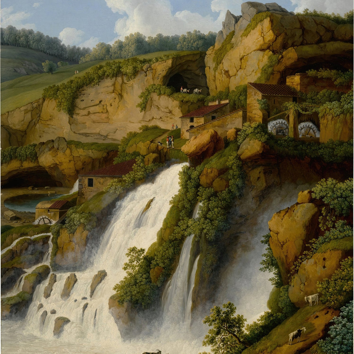 Landscape Oil Painting - Waterfall, Rocky Cliffside Cottages & Livestock - Oil Painting Haven
