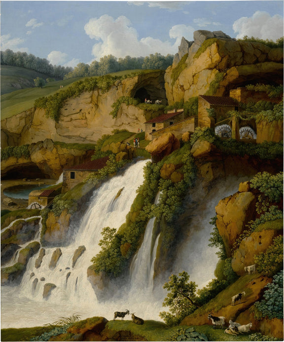 Landscape Oil Painting - Waterfall, Rocky Cliffside Cottages & Livestock - Oil Painting Haven