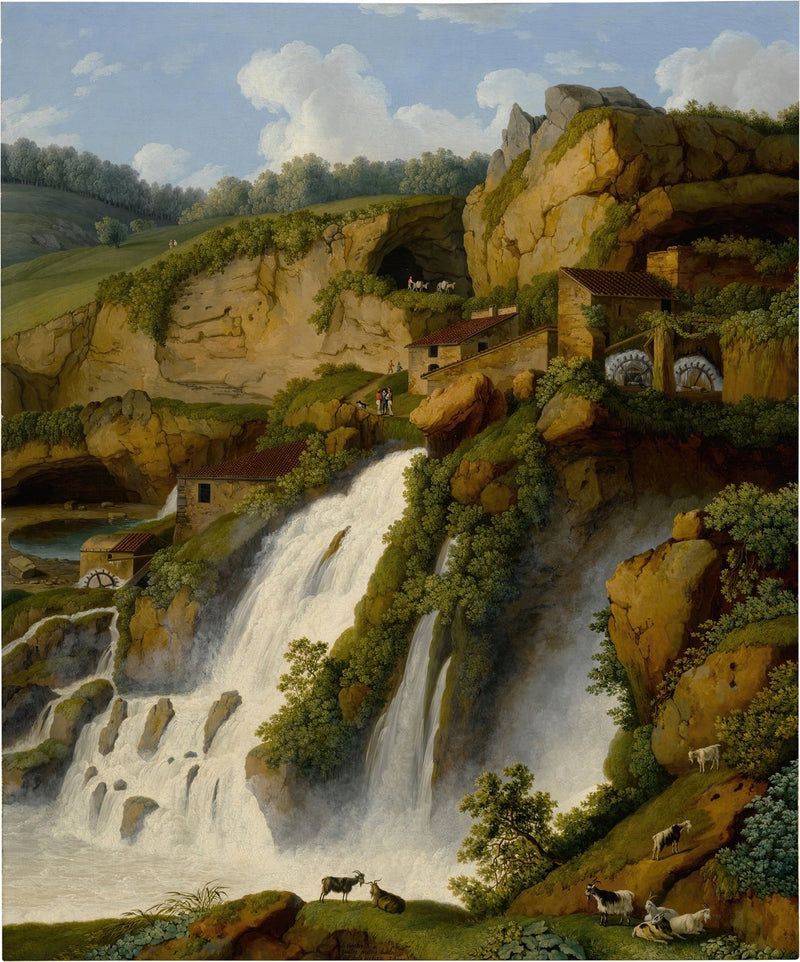 Landscape Oil Painting - Waterfall, Rocky Cliffside Cottages & Livestock - Oil Painting Haven