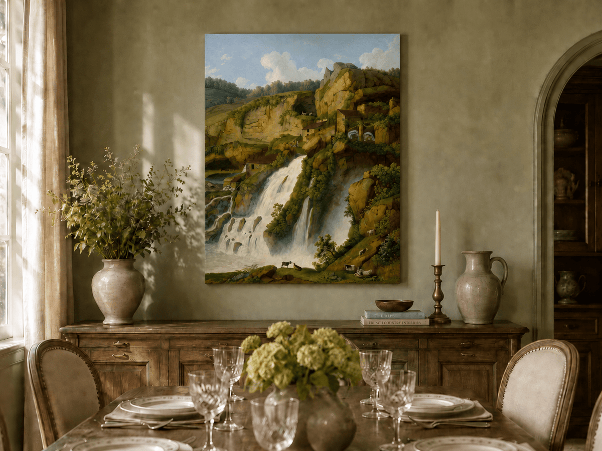 Landscape Oil Painting - Waterfall, Rocky Cliffside Cottages