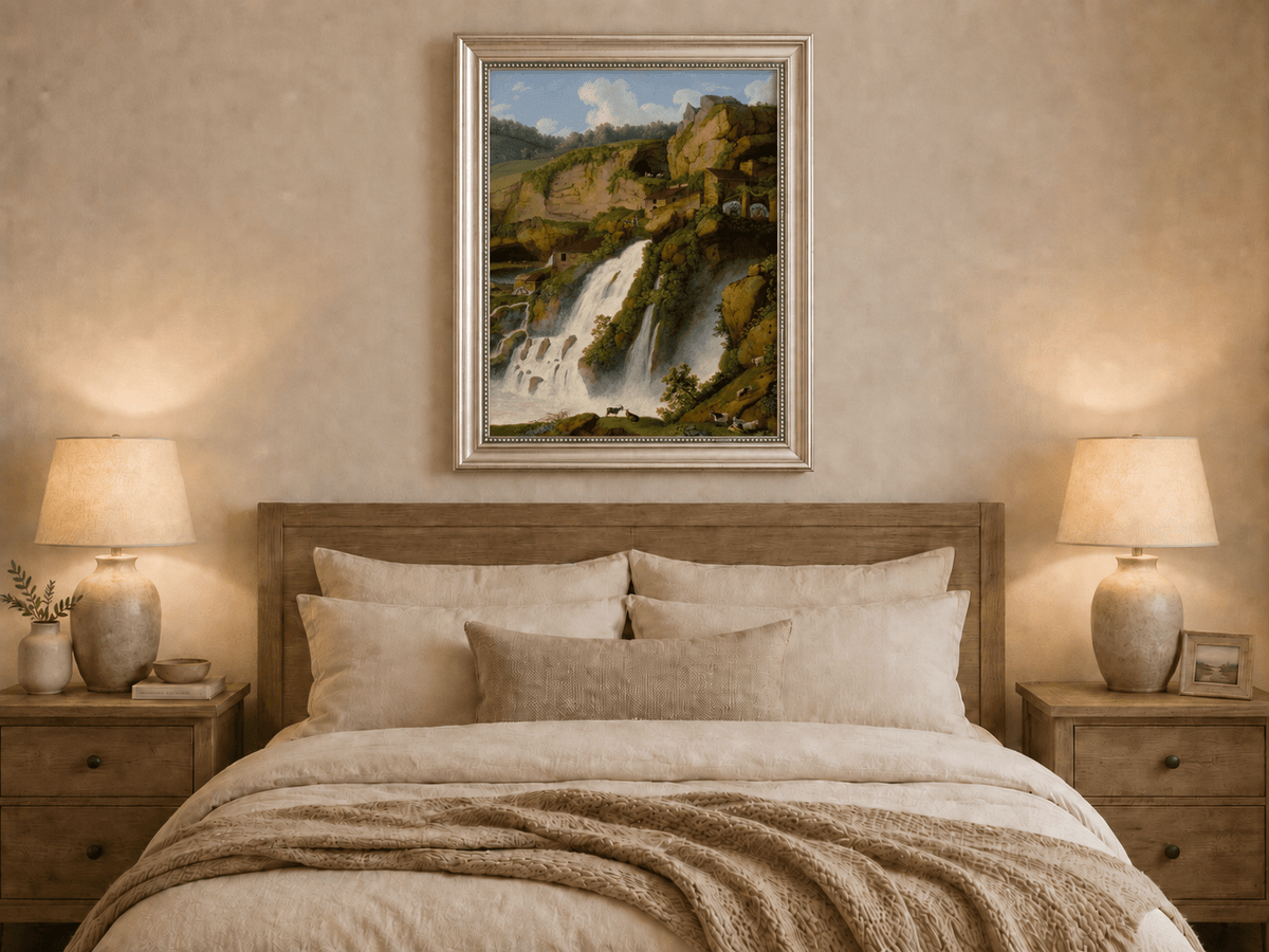 Landscape Oil Painting - Waterfall, Rocky Cliffside Cottages