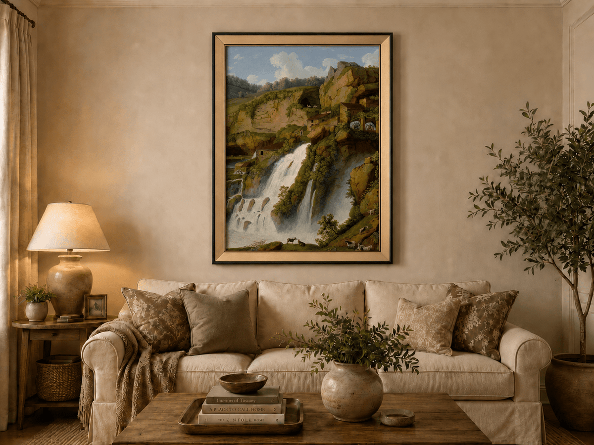 Landscape Oil Painting - Waterfall, Rocky Cliffside Cottages
