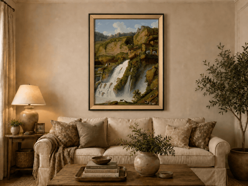 Landscape Oil Painting - Waterfall, Rocky Cliffside Cottages