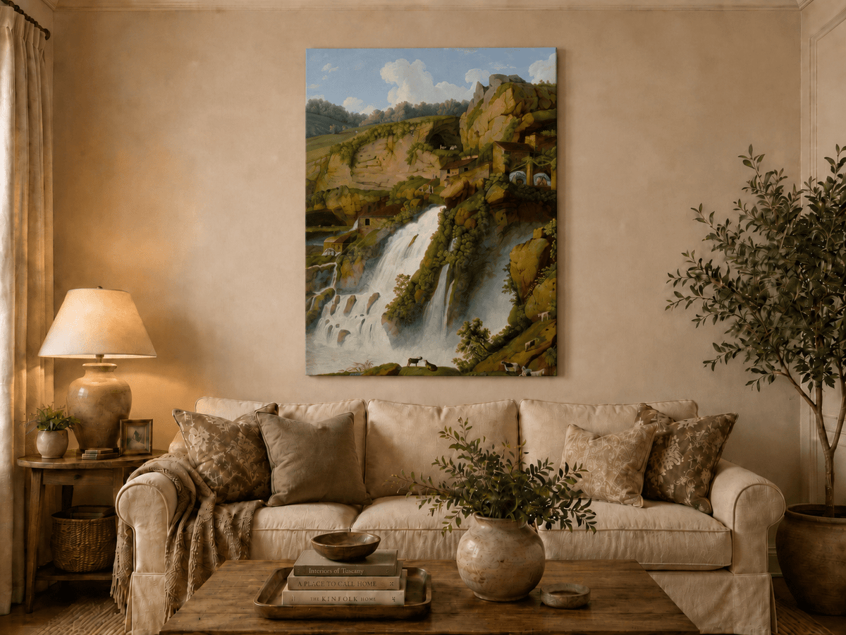 Landscape Oil Painting - Waterfall, Rocky Cliffside Cottages