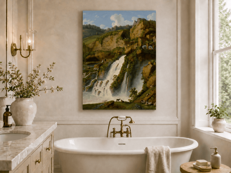 Landscape Oil Painting - Waterfall, Rocky Cliffside Cottages