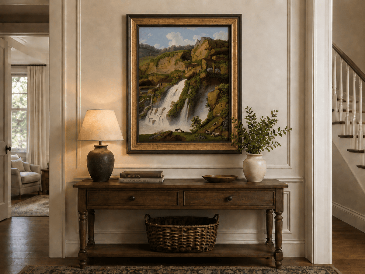 Landscape Oil Painting - Waterfall, Rocky Cliffside Cottages