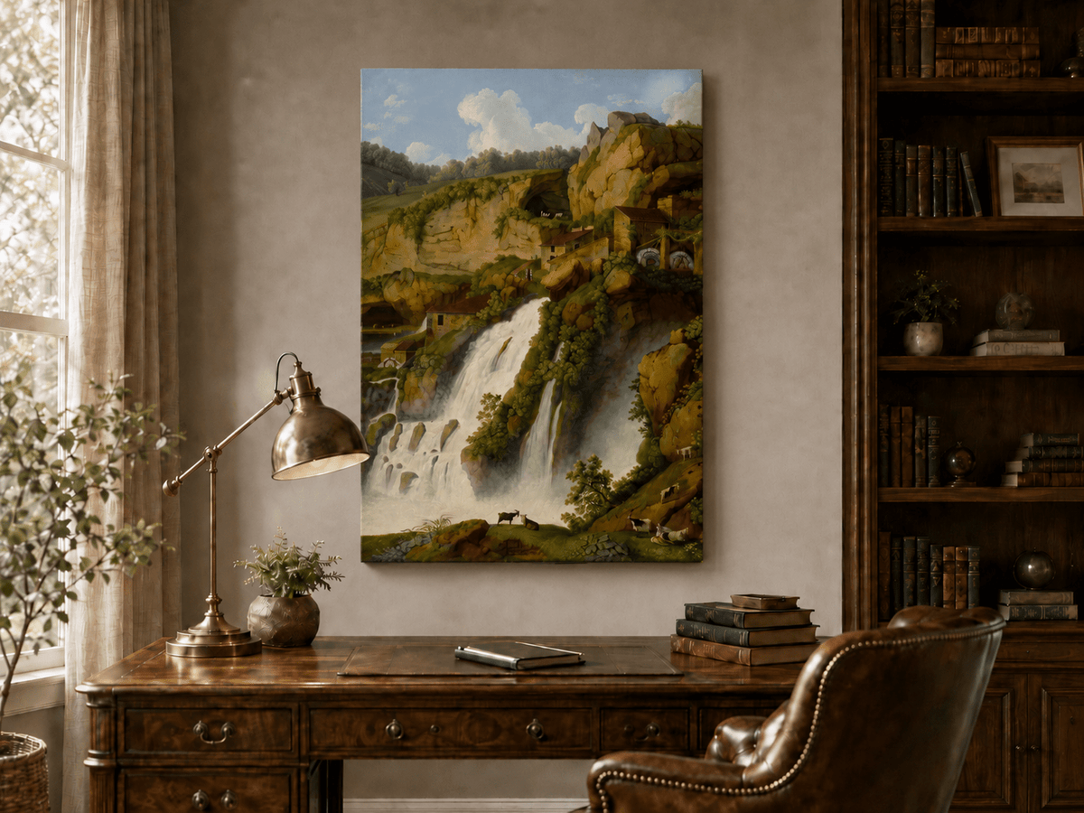 Landscape Oil Painting - Waterfall, Rocky Cliffside Cottages