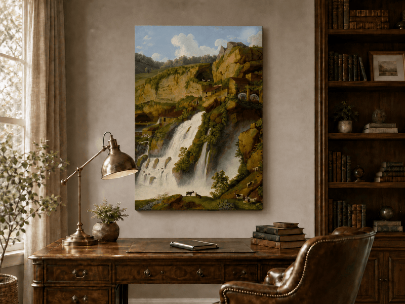 Landscape Oil Painting - Waterfall, Rocky Cliffside Cottages