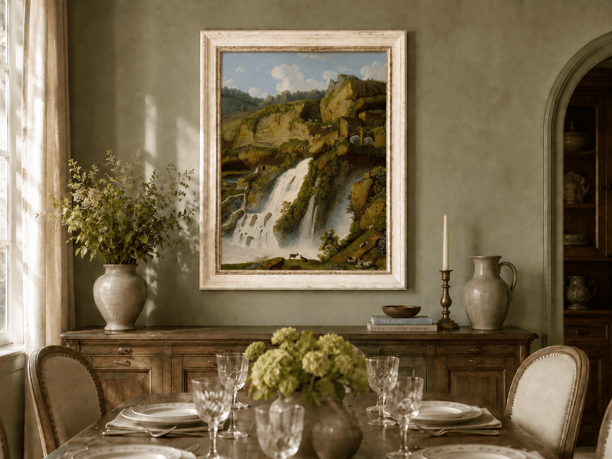Landscape Oil Painting - Waterfall, Rocky Cliffside Cottages