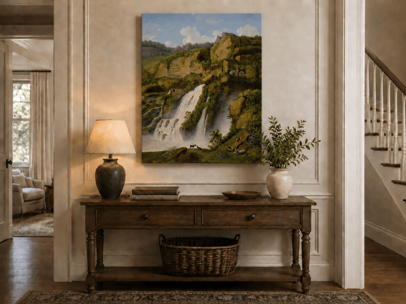 Landscape Oil Painting - Waterfall, Rocky Cliffside Cottages