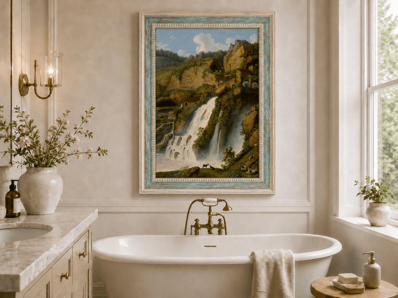 Landscape Oil Painting - Waterfall, Rocky Cliffside Cottages