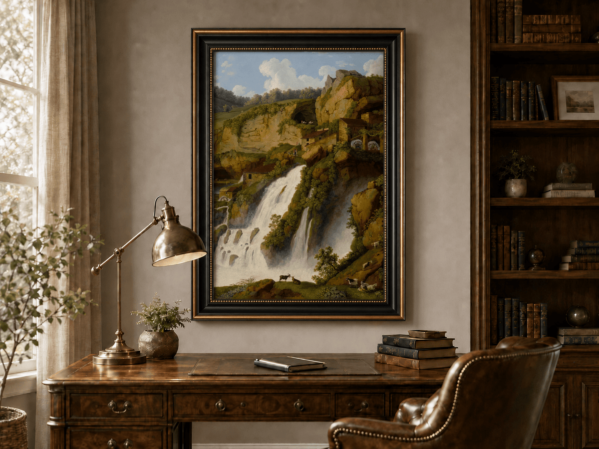 Landscape Oil Painting - Waterfall, Rocky Cliffside Cottages