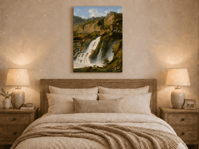 Landscape Oil Painting - Waterfall, Rocky Cliffside Cottages